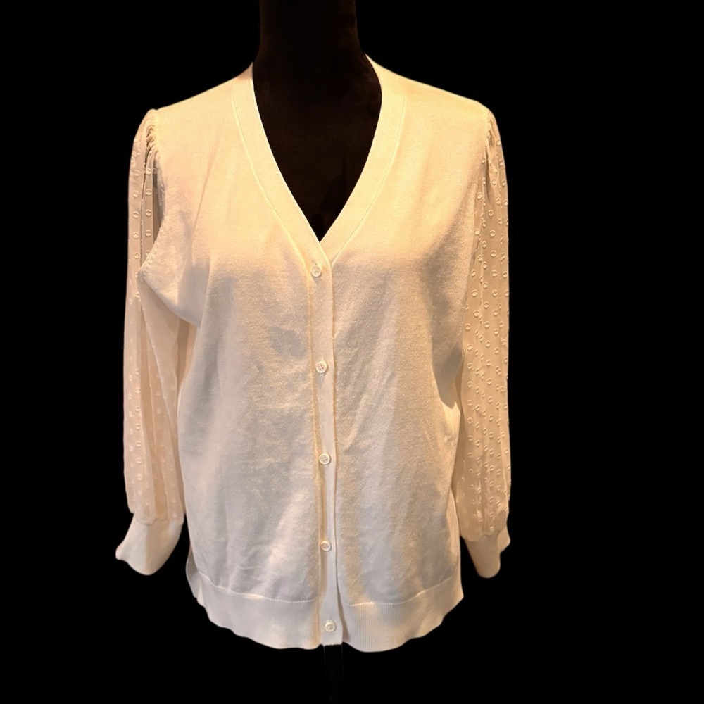 NWT Adrianna Papell White Clip Dot V-NeckCardigan,Medium,Feminine Girly Romantic - Picture 2 of 15